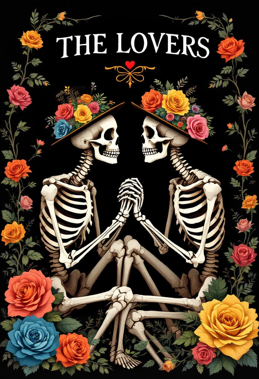 AI generated: An illustration of two skeletons sitting together, holding hands and gazing into each other's eyes. ...