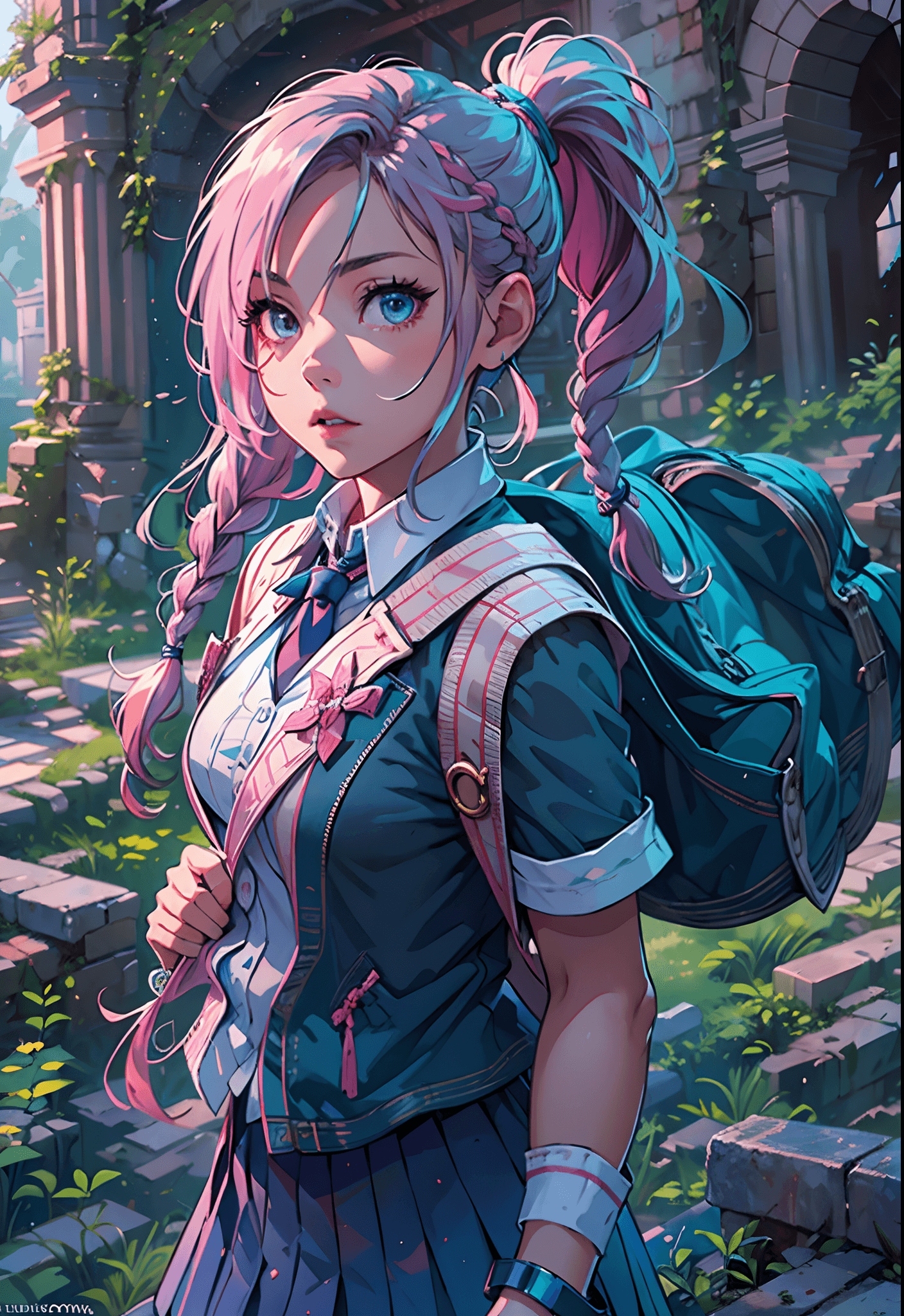 AI generated: masterpiece, best quality, mid shot, concept art, 1girl, blue school uniform, pretty, pink twin brai...