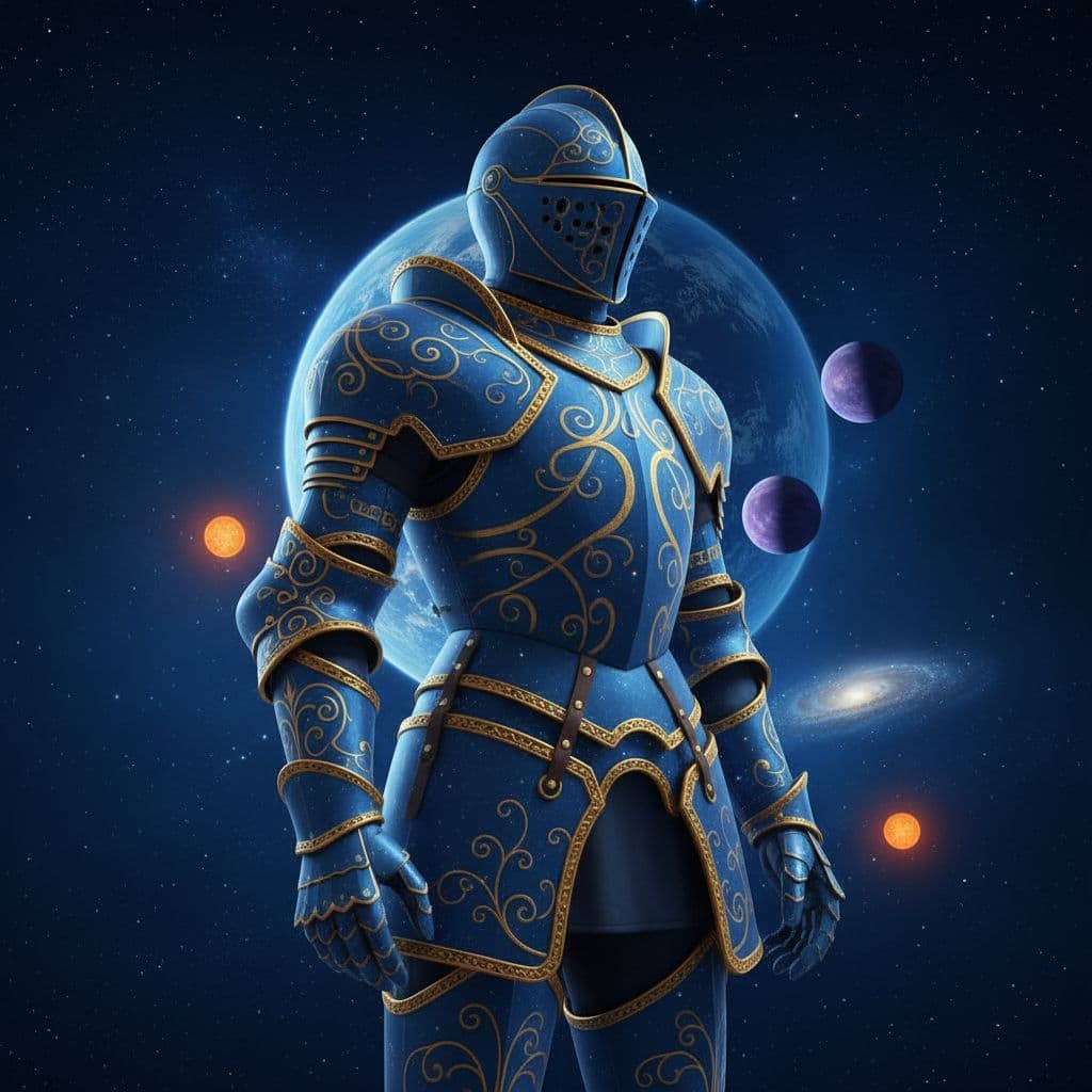 AI generated: A low-angle, full-frame overlay and slightly transparent portrait of a knight's armor, a masterpiece...