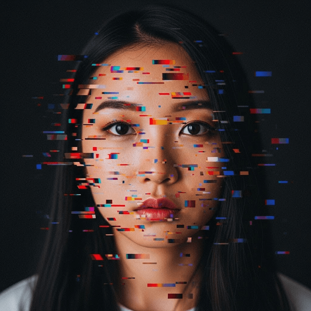 AI generated: A young Asian woman's face is covered with glitch effects, blurred in motion, surrounded by black ab...