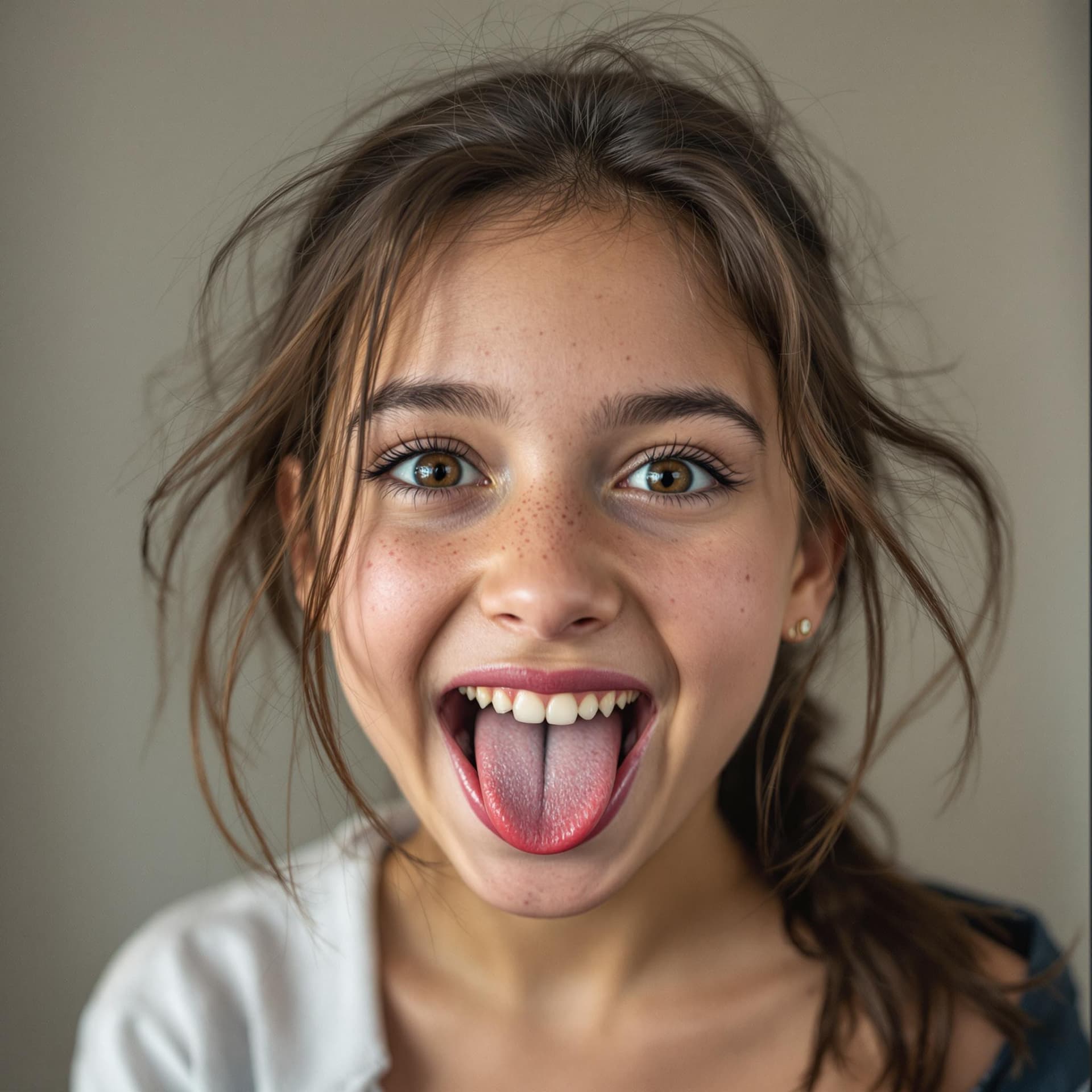 AI generated: 10 years old caucasian brunette girl really pretty, big lips open mouth, just face, with freckles, s...