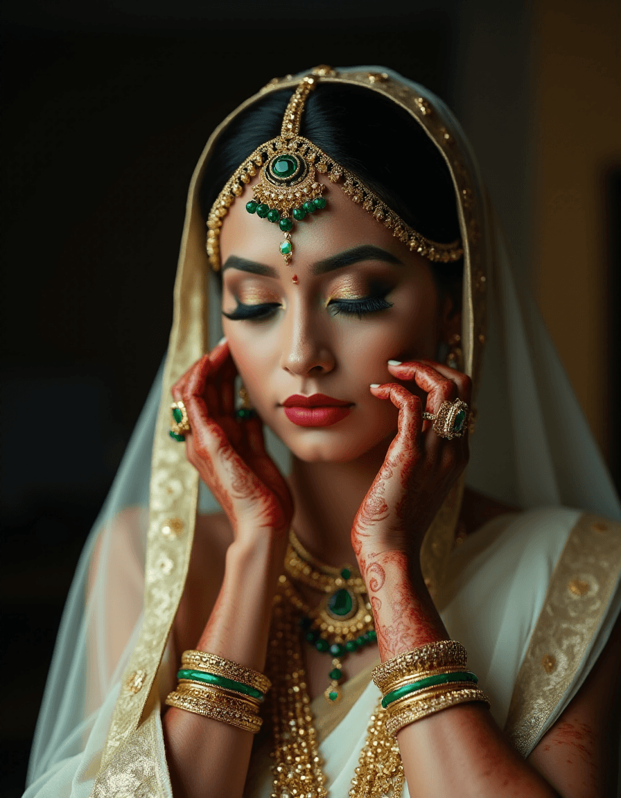 AI generated: HDR photo of film noir style cinematic photo in a Assam silk saree, White Pat Mekhela Sador, adorned...