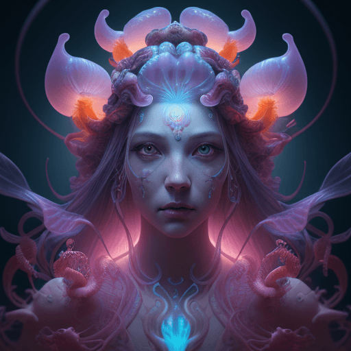 AI generated: Goddess close-up portrait ribcagel. jellyfish phoenix head, nautilus, orchid, skull, betta fish, bio...