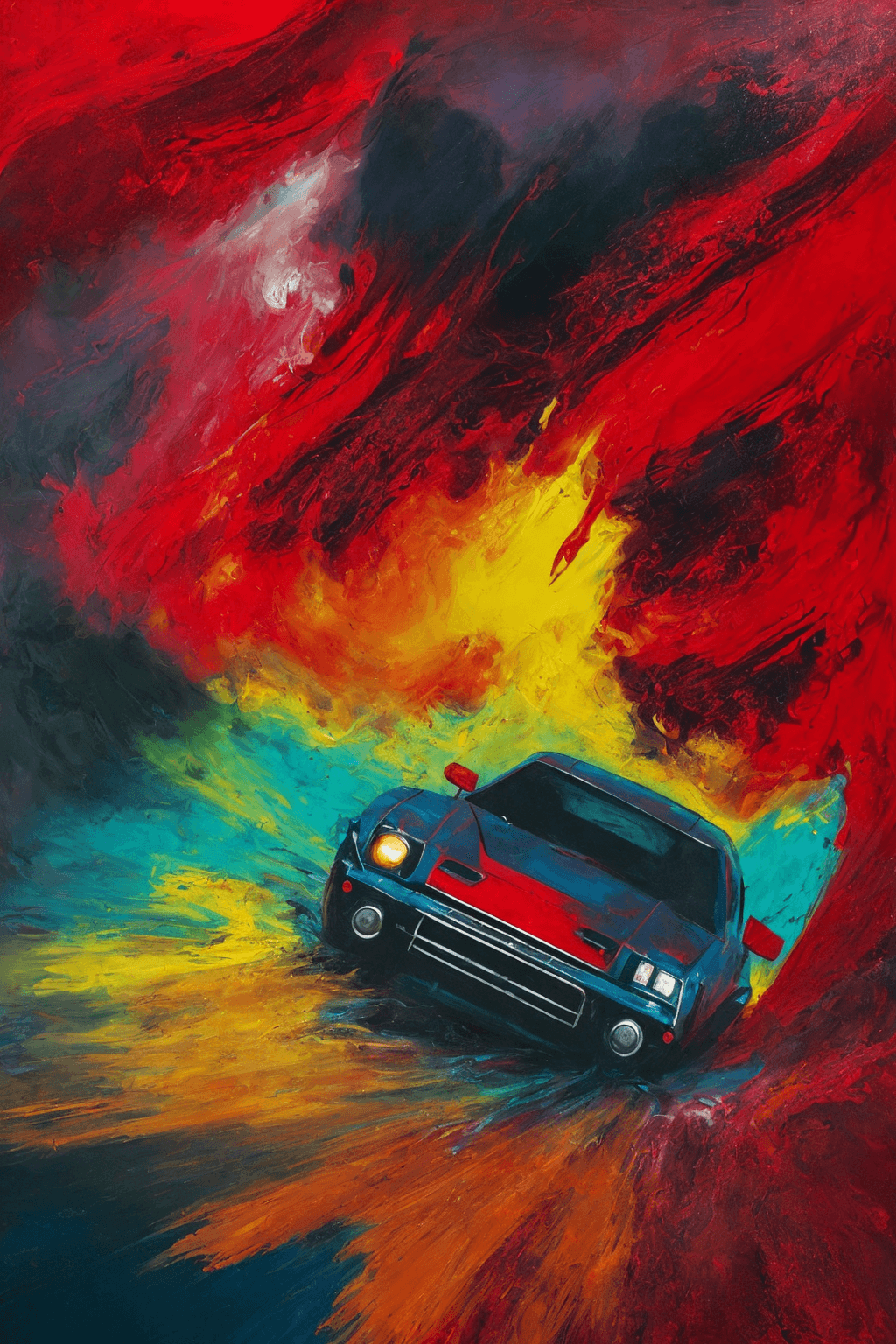 AI generated: ([hdr, film still] lifelike textures),abstract expressionist painting red race car, in the style of ...