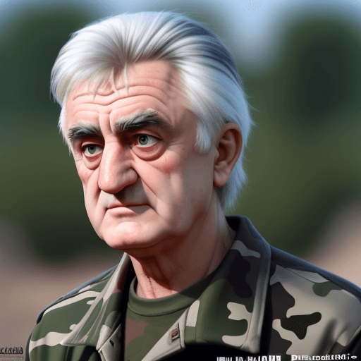 AI generated: Radovan Karadzic in camo greets serbian soldiers pixar style close shot high definition