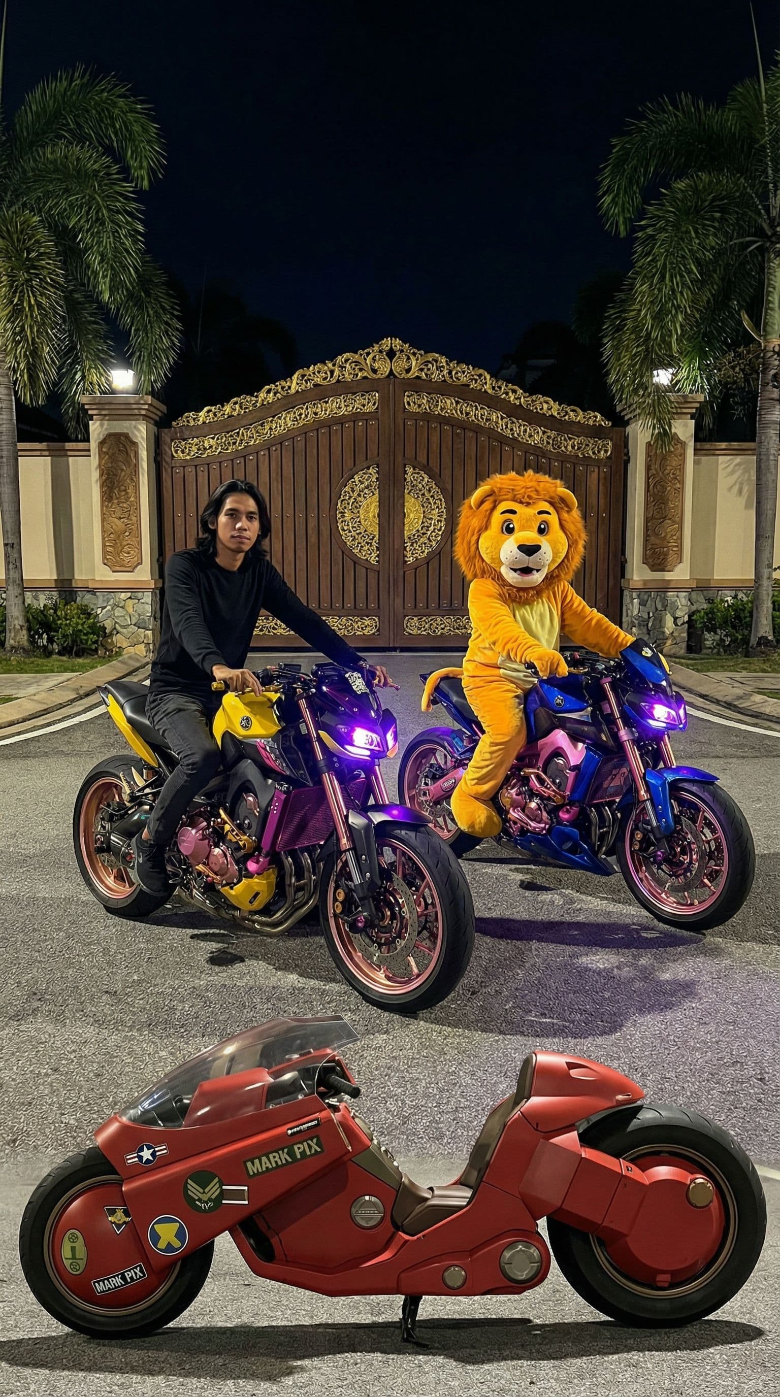 AI generated: Two futuristic Akira-style motorcycles, one yellow and black and the other blue, are ridden at night...