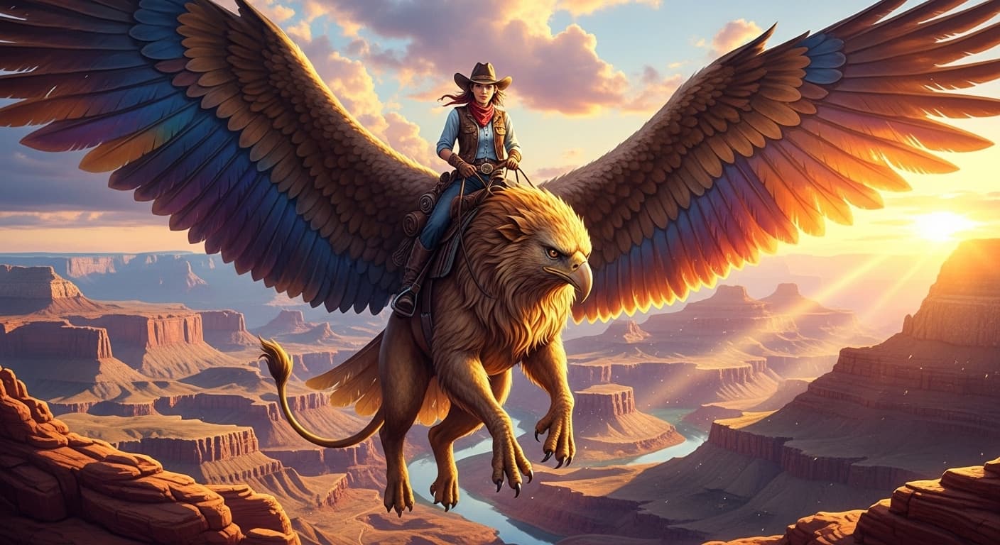 AI generated: A determined cowgirl astride a shimmering, mythical griffin, soaring over breathtaking canyons with ...