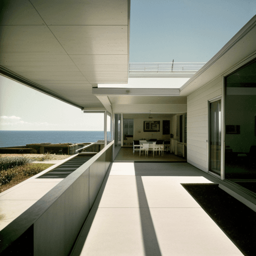 AI generated: Hyper realistic eye level exterior photo of a mid century modern style house overlooking the ocean, ...
