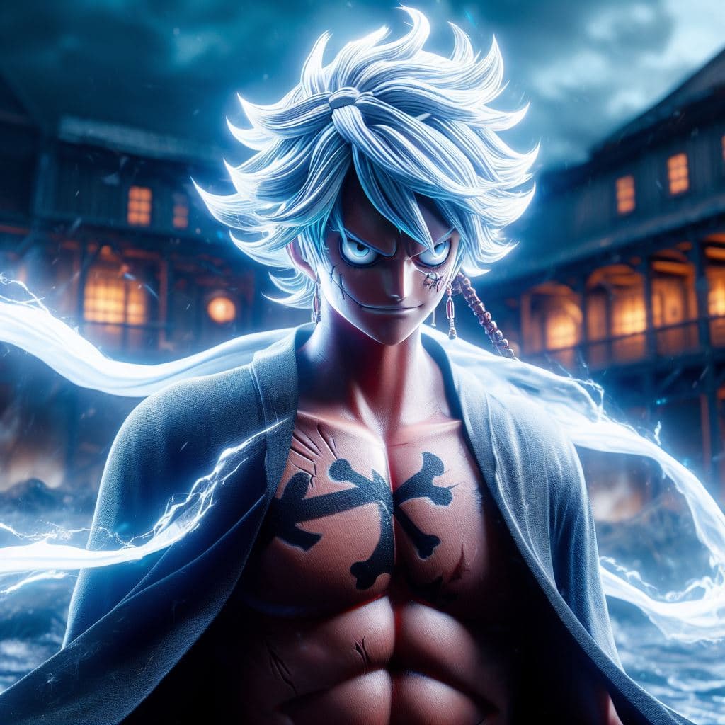 AI generated: a badass Luffy with shiny white hair and white aura around him, shiny white eyes, cross scar on the ...