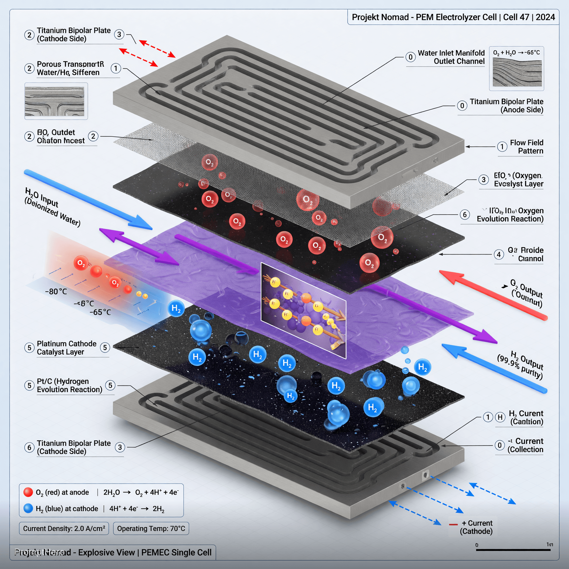 AI generated: Highly detailed professional technical exploded isometric cutaway view of a PEM electrolyzer cell fo...