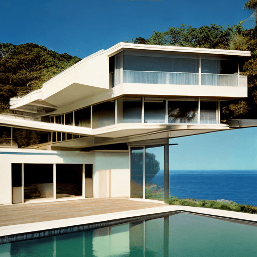 AI generated: Hyper realistic eye level exterior photo of a mid century modern style house overlooking the ocean, ...