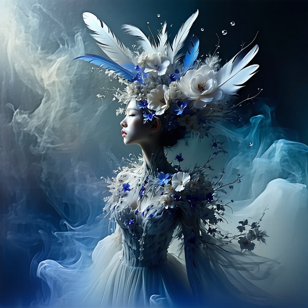 AI generated: She is an abyss of metamorphoses, created from feathers, flowers and mist. Magical realism, atmosphe...