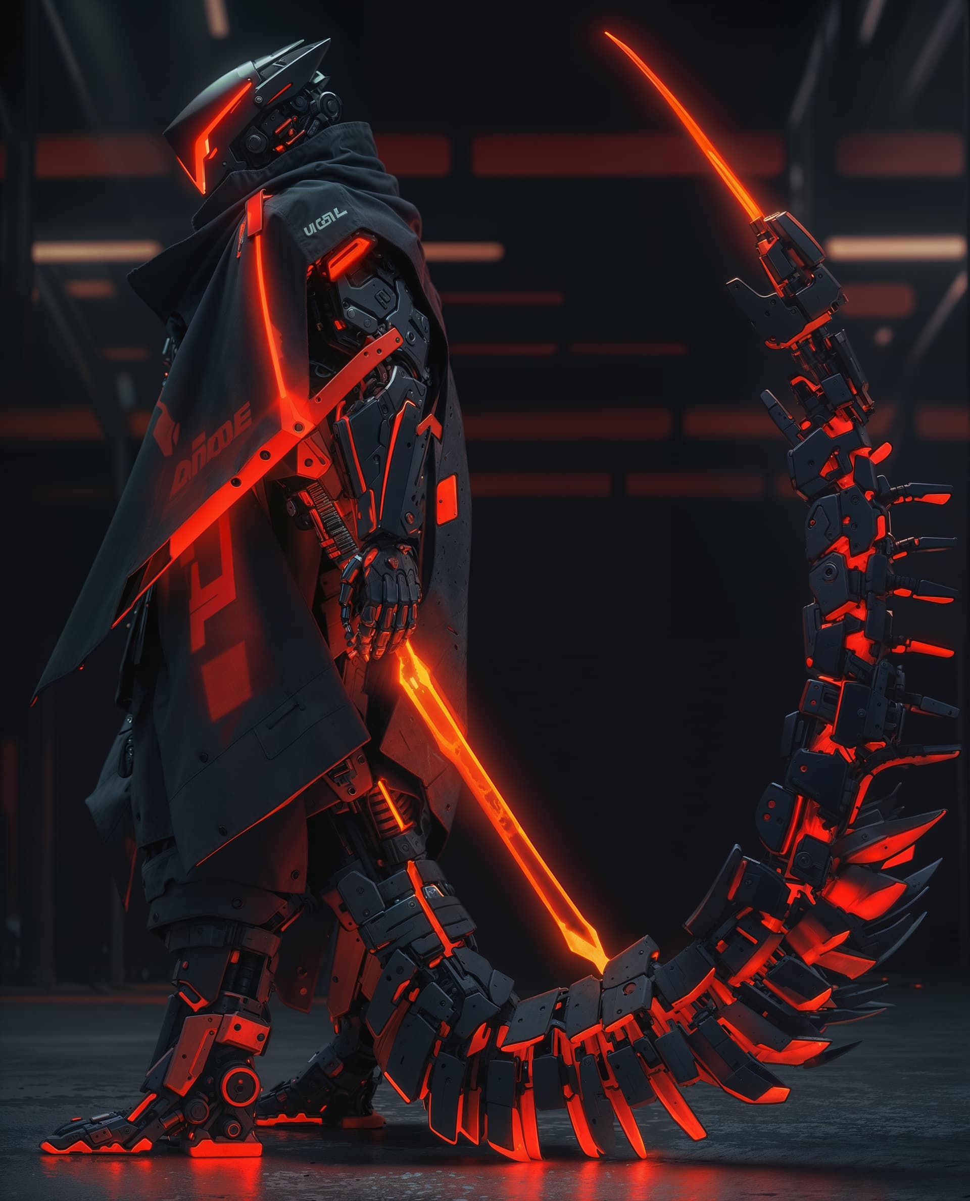 AI generated: 3d rendering, futuristic ninja robot, front view, upper-body, (full body)), neon glow with deep oran...