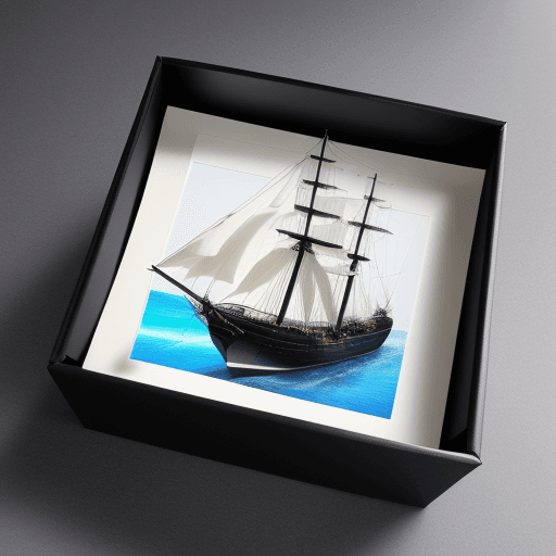 AI generated: Photo of a ultra realistic sailing ship, black gift box, open box 