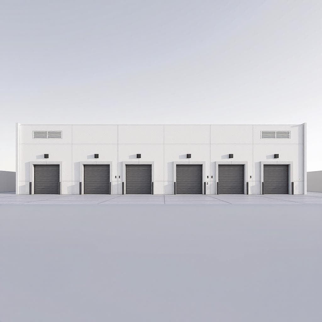 AI generated: Create a high-resolution 3D rendered architectural elevation of a modern warehouse complex located i...