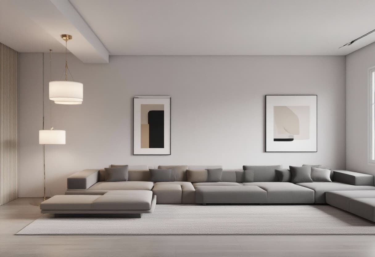 AI generated: A contemporary neutral-toned living room with clean lines, beige and gray palette, a modular sofa, m...