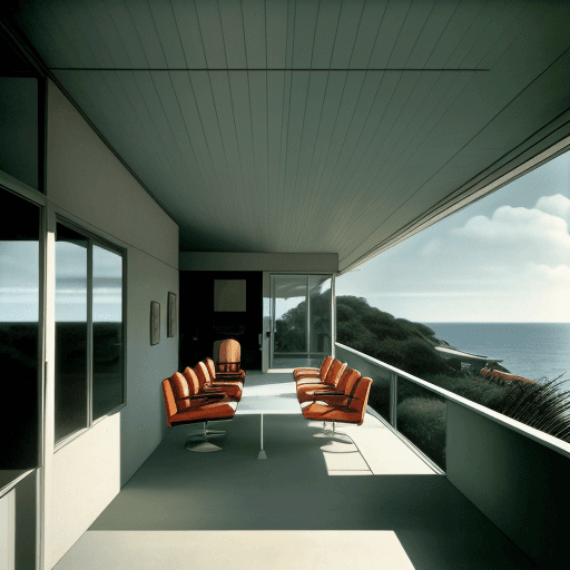 AI generated: Hyper realistic eye level exterior photo of a mid century modern style house overlooking the ocean, ...