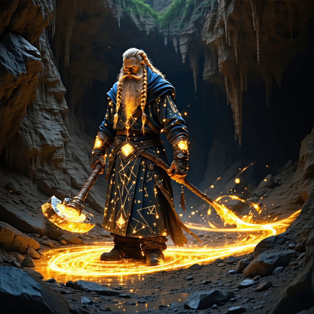 AI generated: A dwarven runecaster, her braided beard transforming into a series of interwoven geometric patterns ...