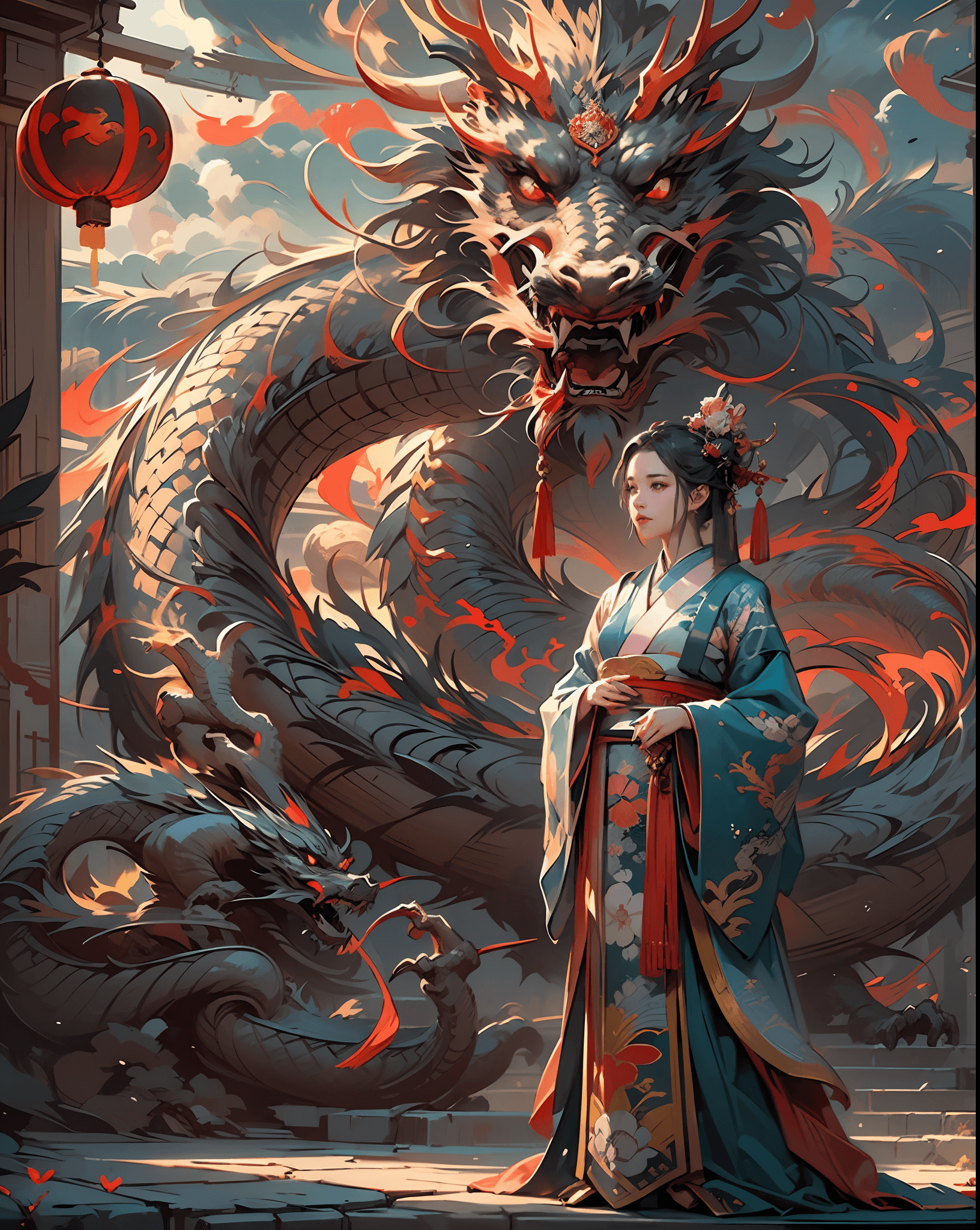 AI generated: masterpiece, mid shot, highly detailed, concept art, centered, (1girl:1.5), kimono, standing next to...