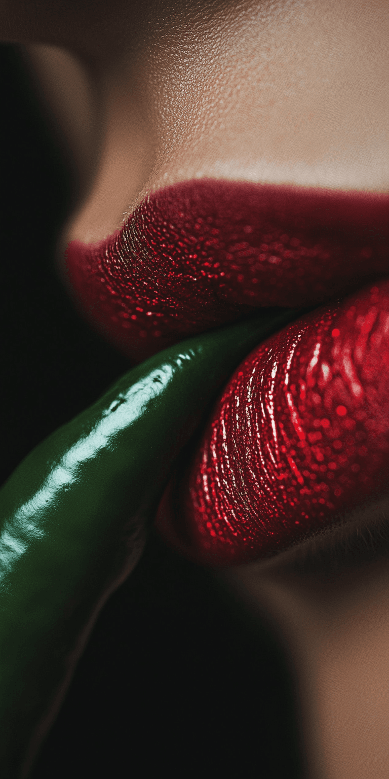 AI generated: Close-up of lips with red lipstick, licking the tip of a green pepper, dark background, beauty photo...