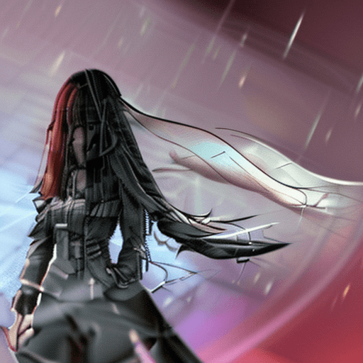 AI generated: a girl stands in an agent's costume, black, half-turn, holding a sword, long hair, action, cover, di...