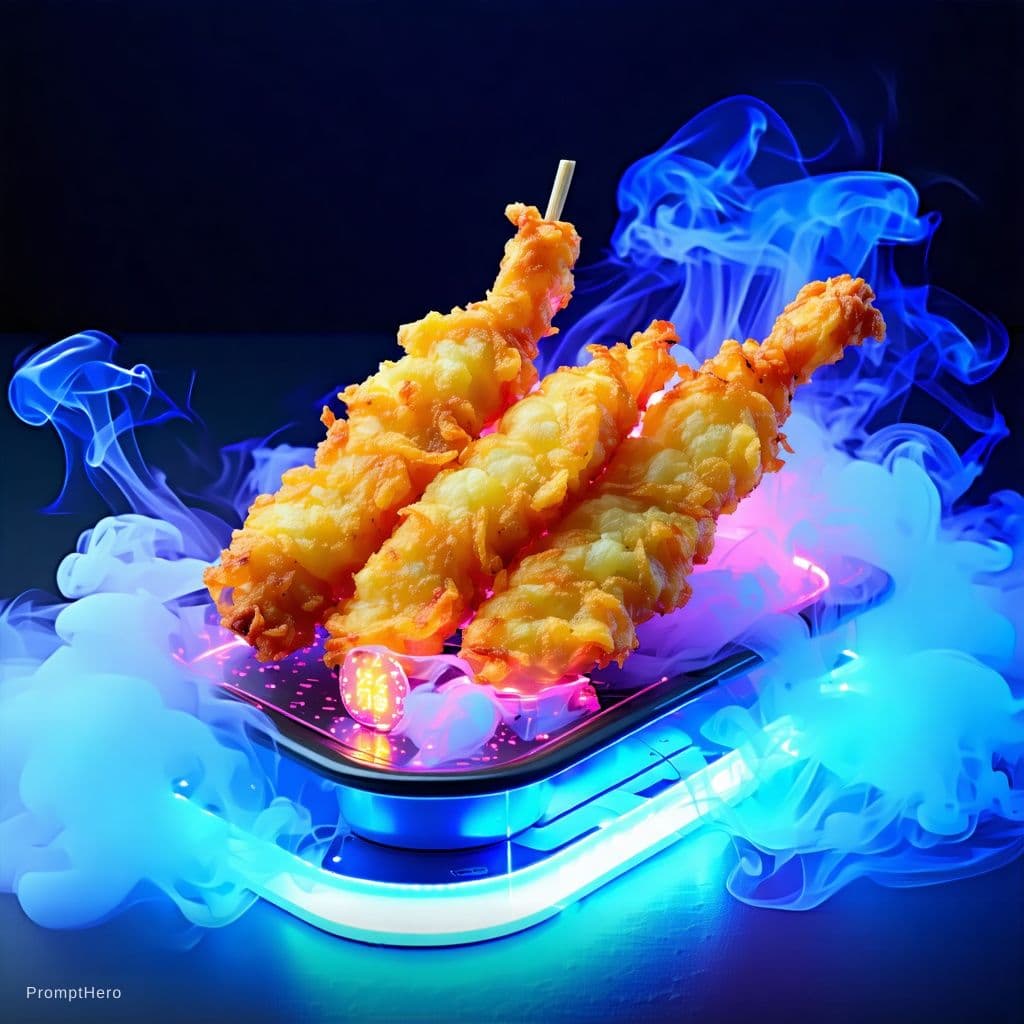 AI generated: futuristic tempura food, night, japanese, neon light, volumetric smoke, volumetric light, octane ren...