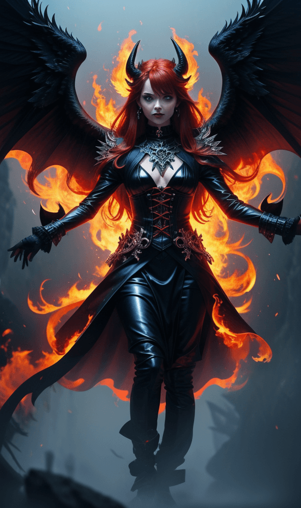 AI generated: Satan in heaven, fiery outfit , vast black wings , in front of a foggy light, male figure