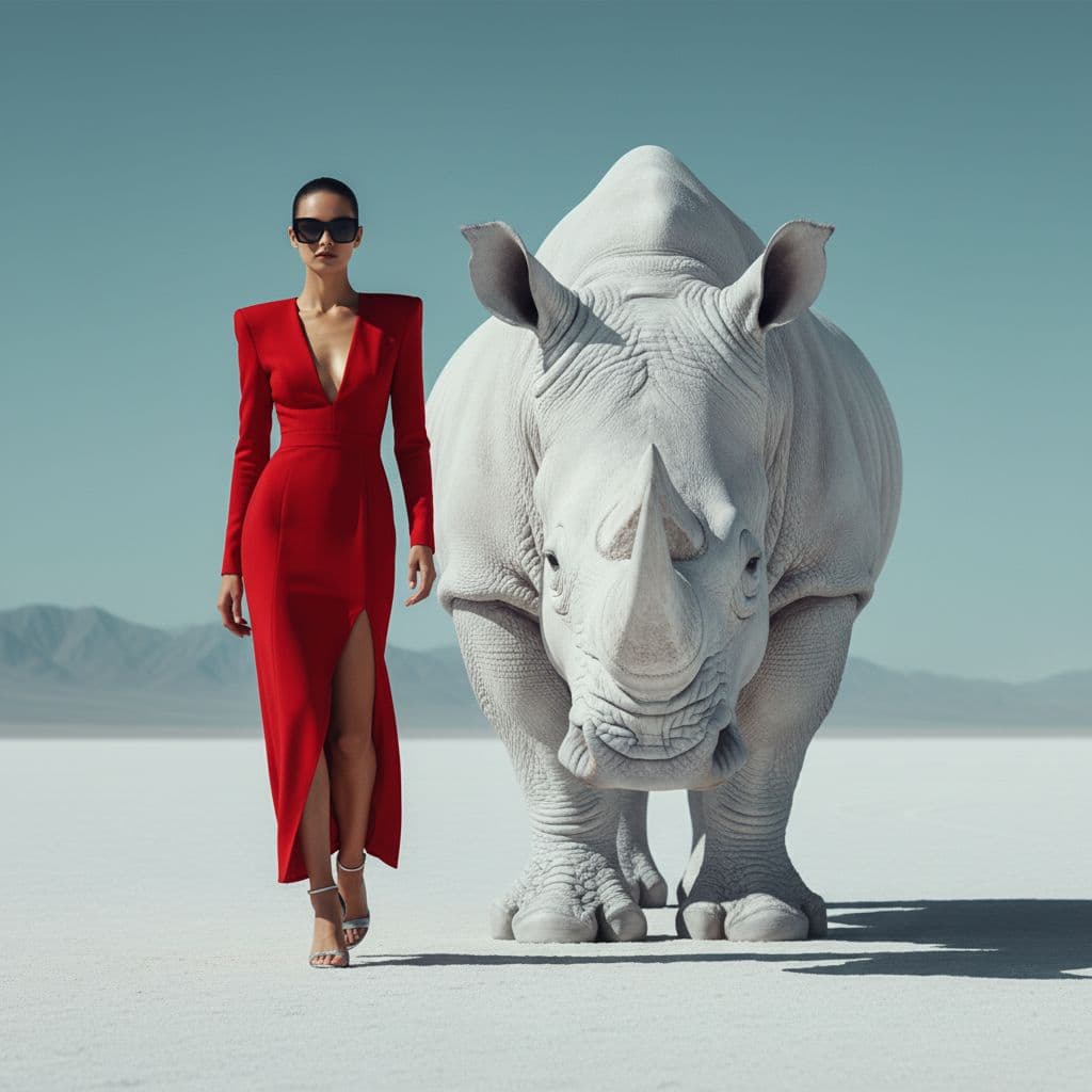 AI generated: {
  "scene": {
    "type": "editorial fashion surrealism",
    "location": "barren white desert w...