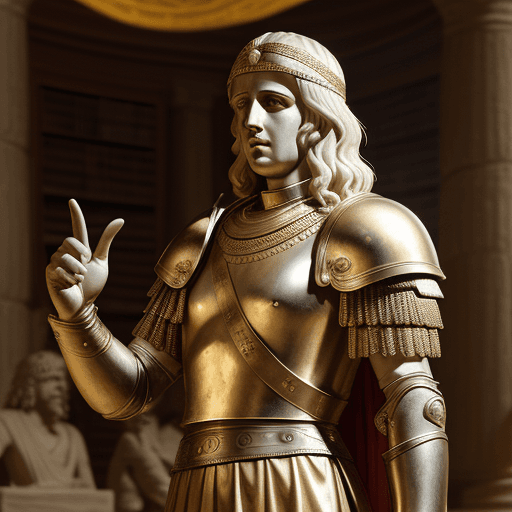 AI generated: Characters: Alexander the Great, historians, scribes, Description: Alexander addressing his legacy, ...