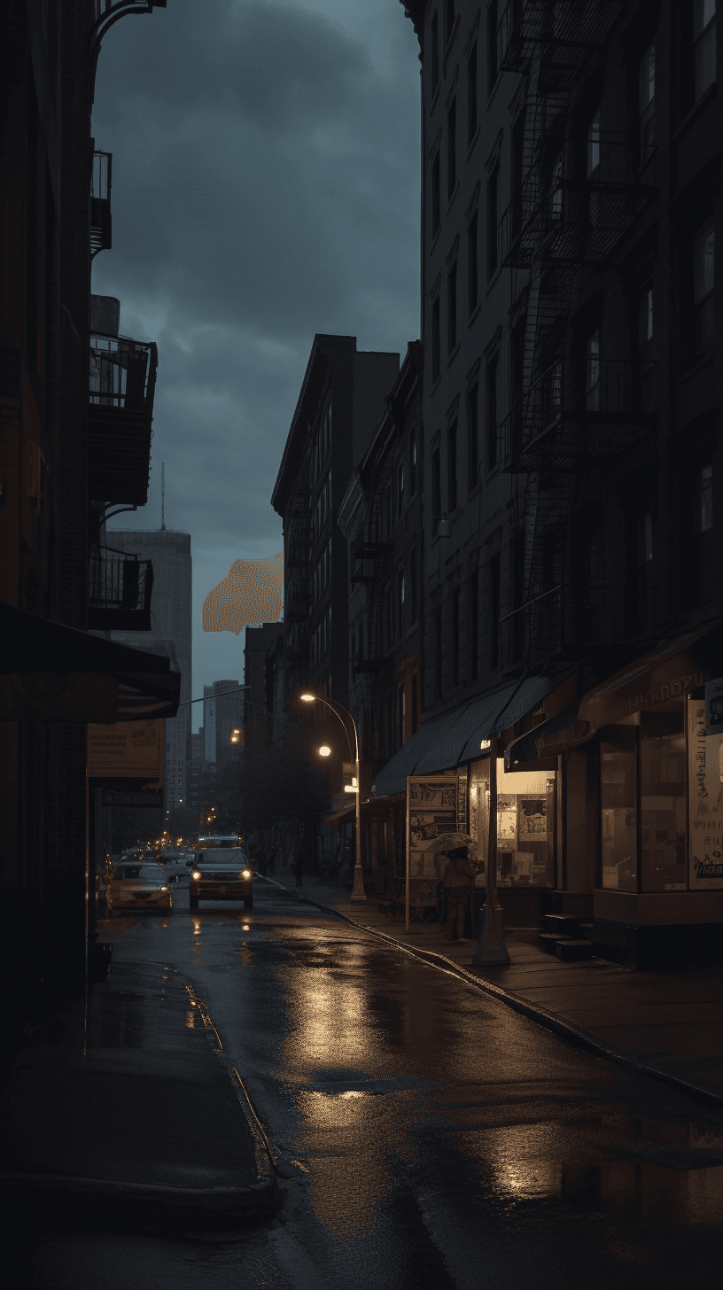 AI generated: Dusk, A bustling city street, Overcast with dim streetlight, shot by Joel Meyerowitz, cinematic, 3D,...