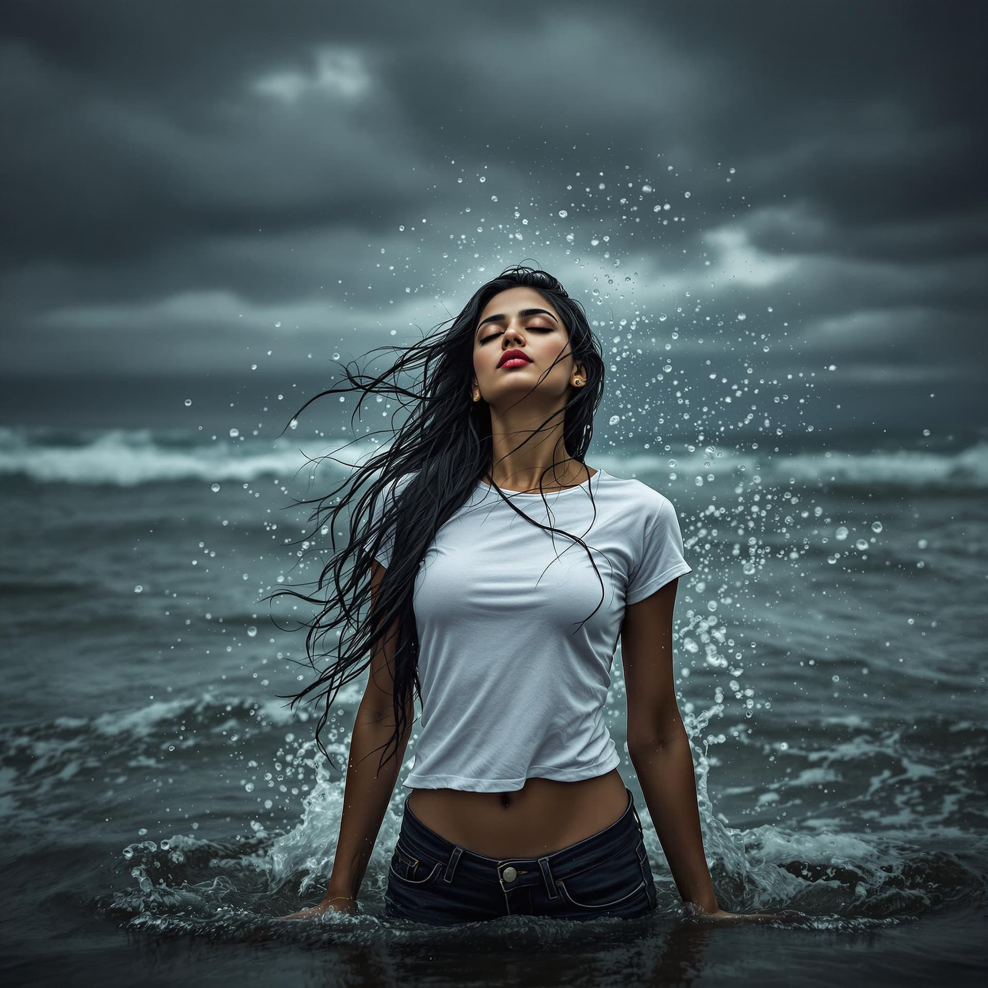 AI generated: HDR photo of Indian woman, long black hair, eyes closed, beautifully fit body, wearing black jeans a...