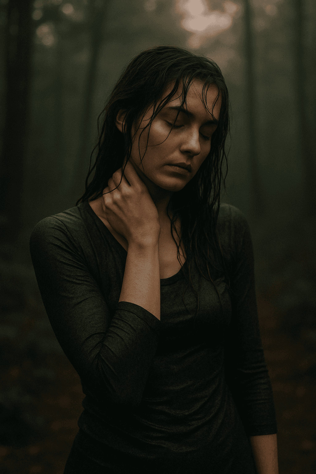 AI generated: A cinematic, emotionally introspective scene of a woman standing still in a forest during twilight. ...