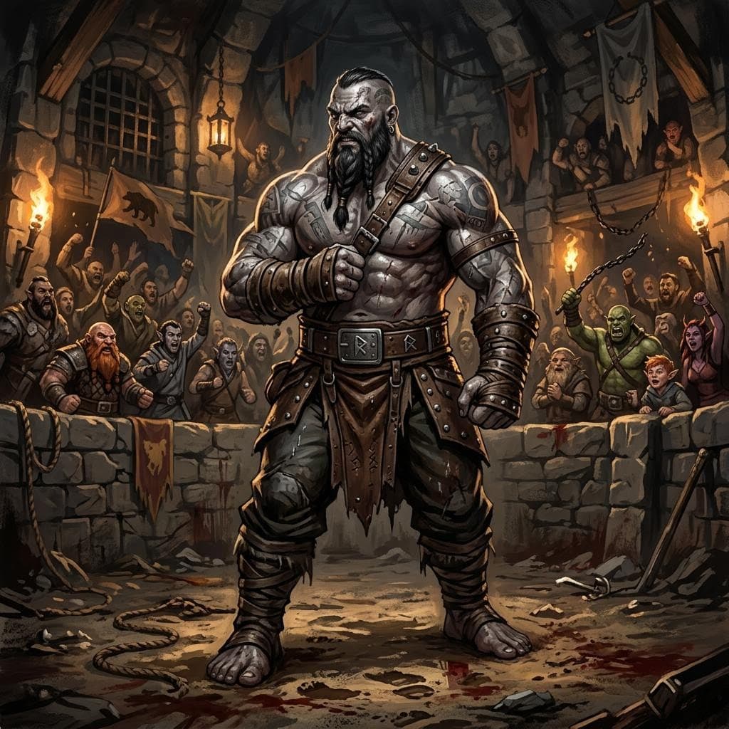 AI generated: a large male goliath wrestler, dungeons and dragons style, pit fighting arena background