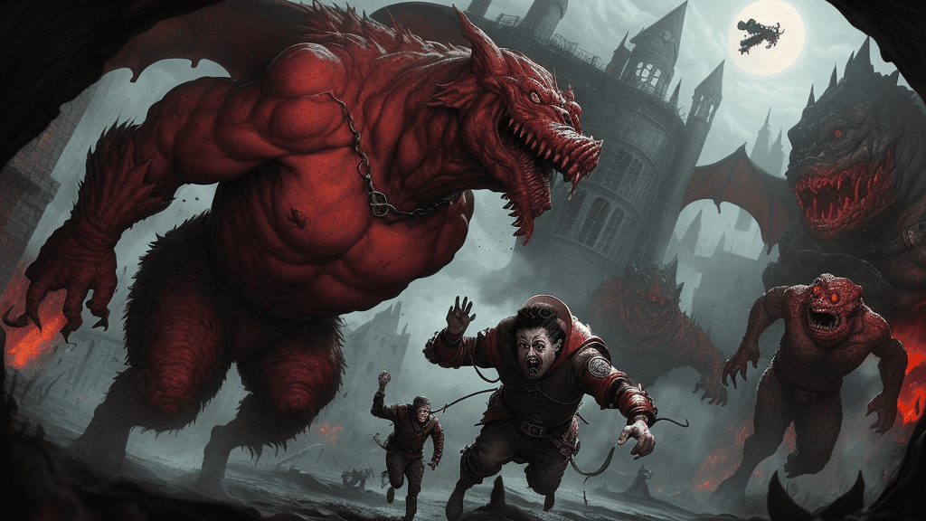 AI generated: secret laboratory, red alarms, kiro and his friends run away from hideous monsters, medieval, kiro i...