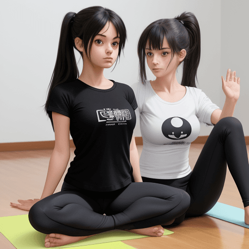 AI generated: Anime image of a girl wearing black leggings and a t shirt and a girl wearing yoga clothes, facesitt...
