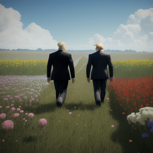 AI generated: Donald trump and Elon musk skipping through a field of flowers, ultra realistic, unreal engine. 