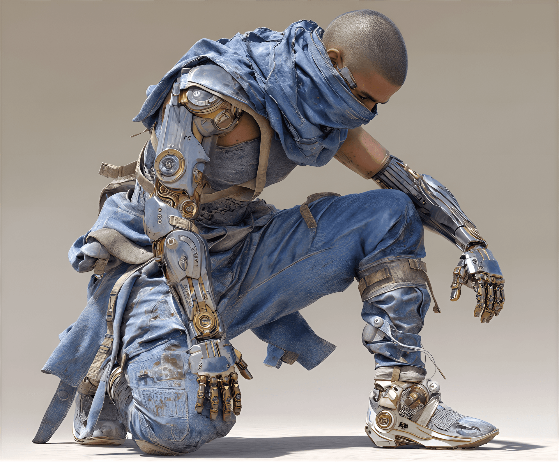AI generated: futuristic warrior or adventurer, blending advanced cybernetic technology with a rugged, tactical ae...