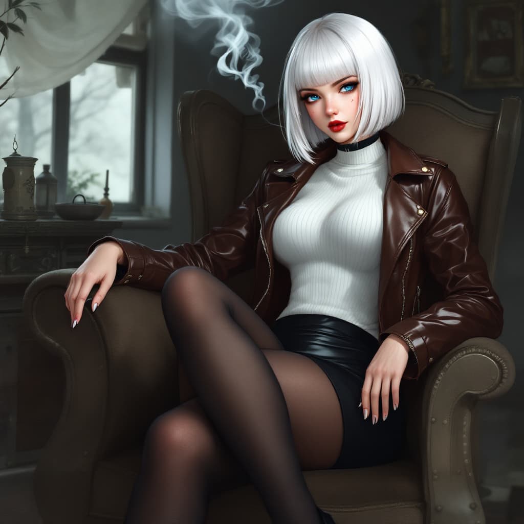 AI generated: anime, woman, white hair, bob cut, blue eyes, freckles, red lips, closed lips, white sweater, tight ...