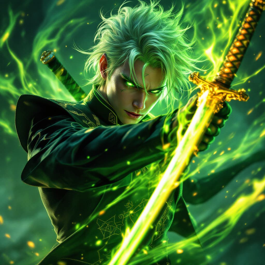AI generated: Editorial Vivienne Tam photography of lloyd garmadon medium hair with neon green aura and gold accen...