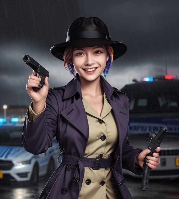 AI generated: official art, female,detective, police,short eyebrows, gradient_eyes, grin, short hair, multicolored...