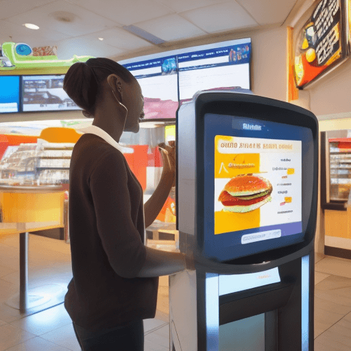 AI generated: customer ordering through a  self ordering kiosk in a fast food restaurant. the customer  who must b...
