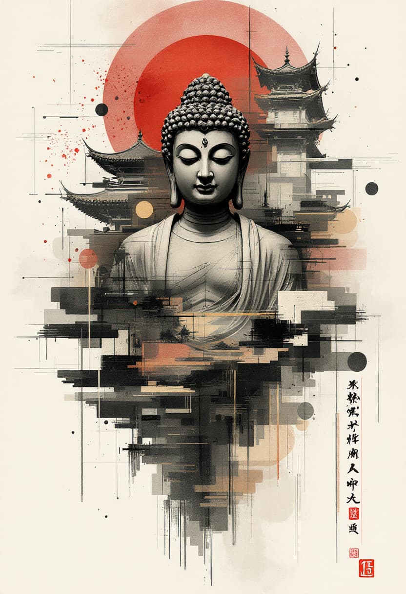 AI generated: Buddha statue with temple architecture in the background, collage style combining multiple elements ...