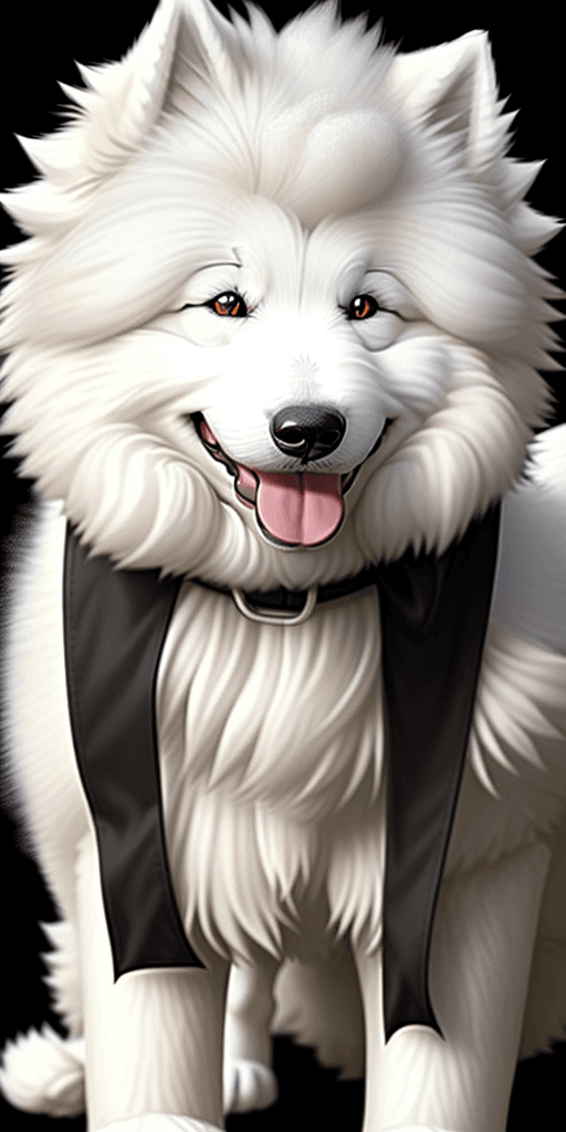 AI generated: fluffy/smiling/happy white samoyed dog siting far from us, black background for my phone lockscreen ...