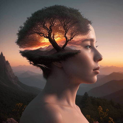 AI generated: Exposure Human-Nature, trees, flowers, mountain, sunset, nature mind, expressive creative art, surre...