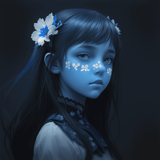 AI generated: a beautiful picture of a girl with blue flowers on her face, in the style of monochromatic paintings...