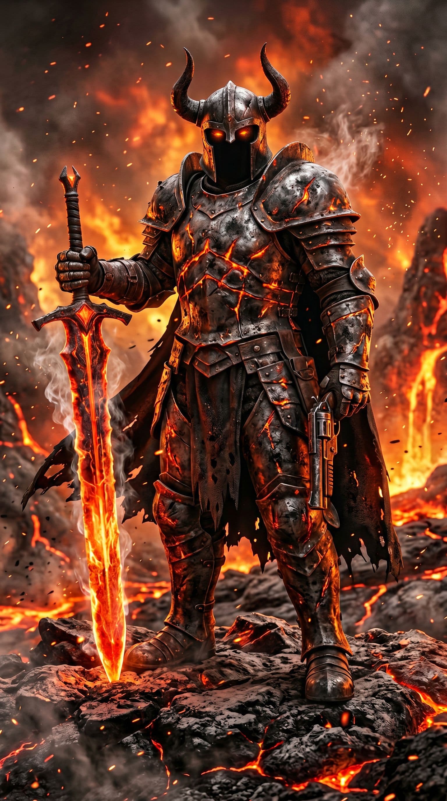 AI generated: A full-body portrait of a male infernal warden clad in scorched iron armor veined with ember-lit cra...