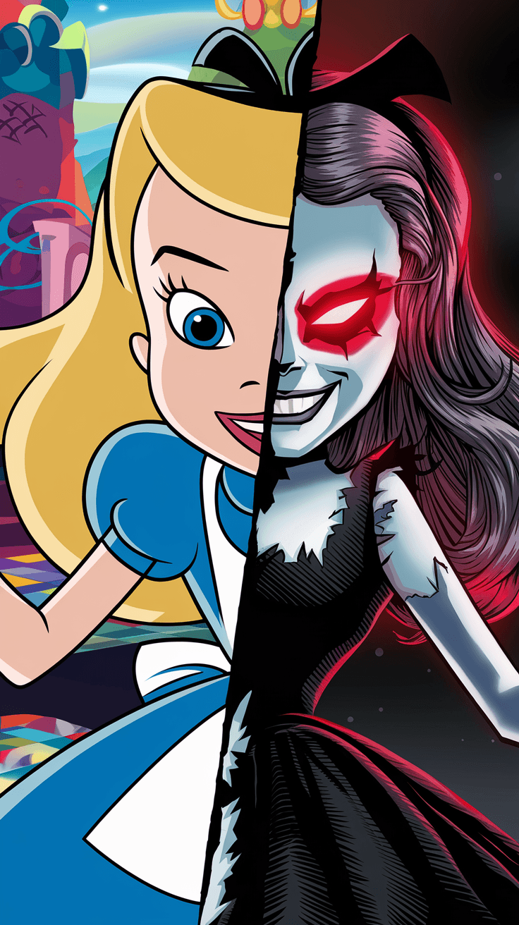 AI generated: Sharp contrast, left side: Alice from 'Alice in Wonderland', vibrant, cartoonish style, bright color...