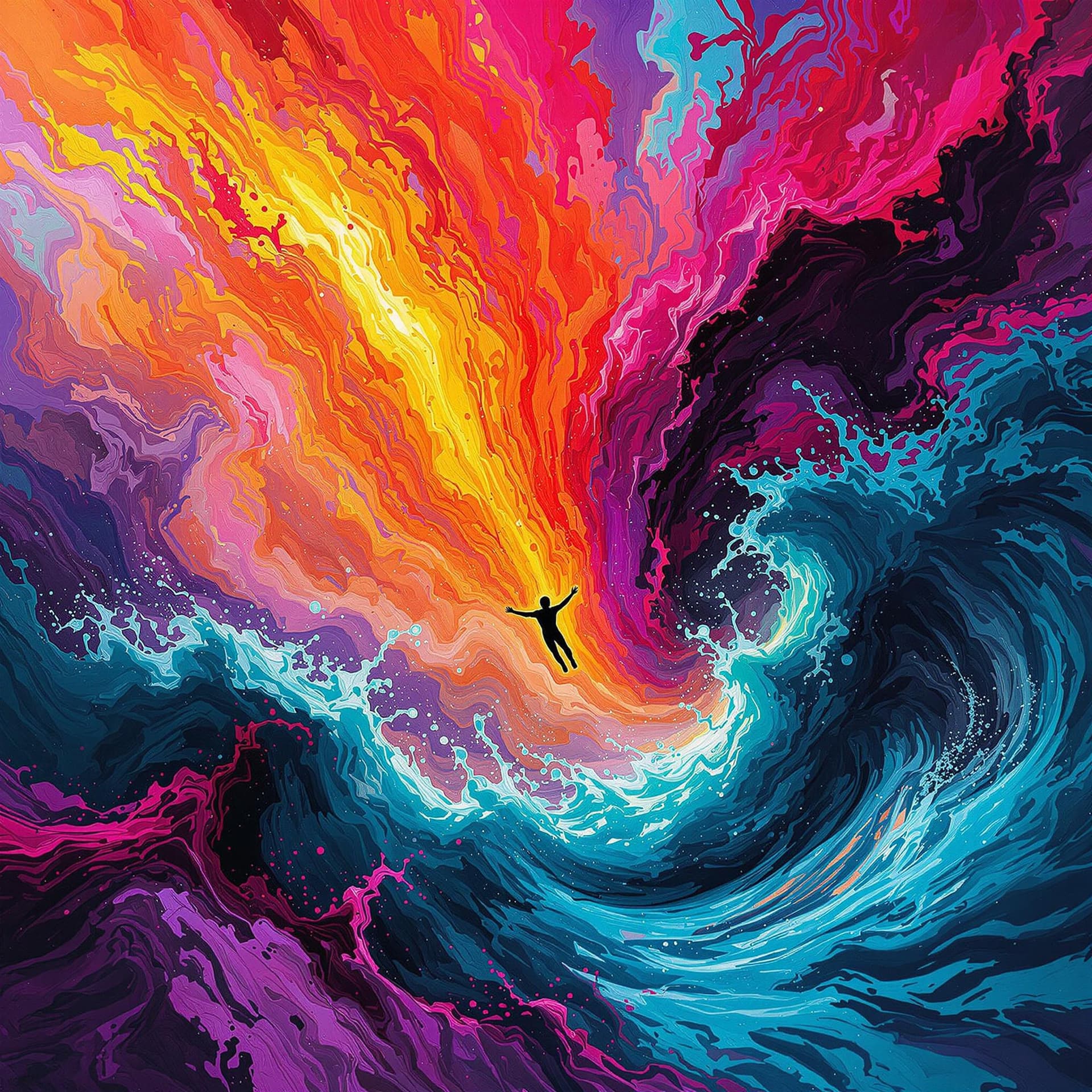 AI generated: artistic, water painting style, art piece showing a lone figure falling into an interdemesional expl...