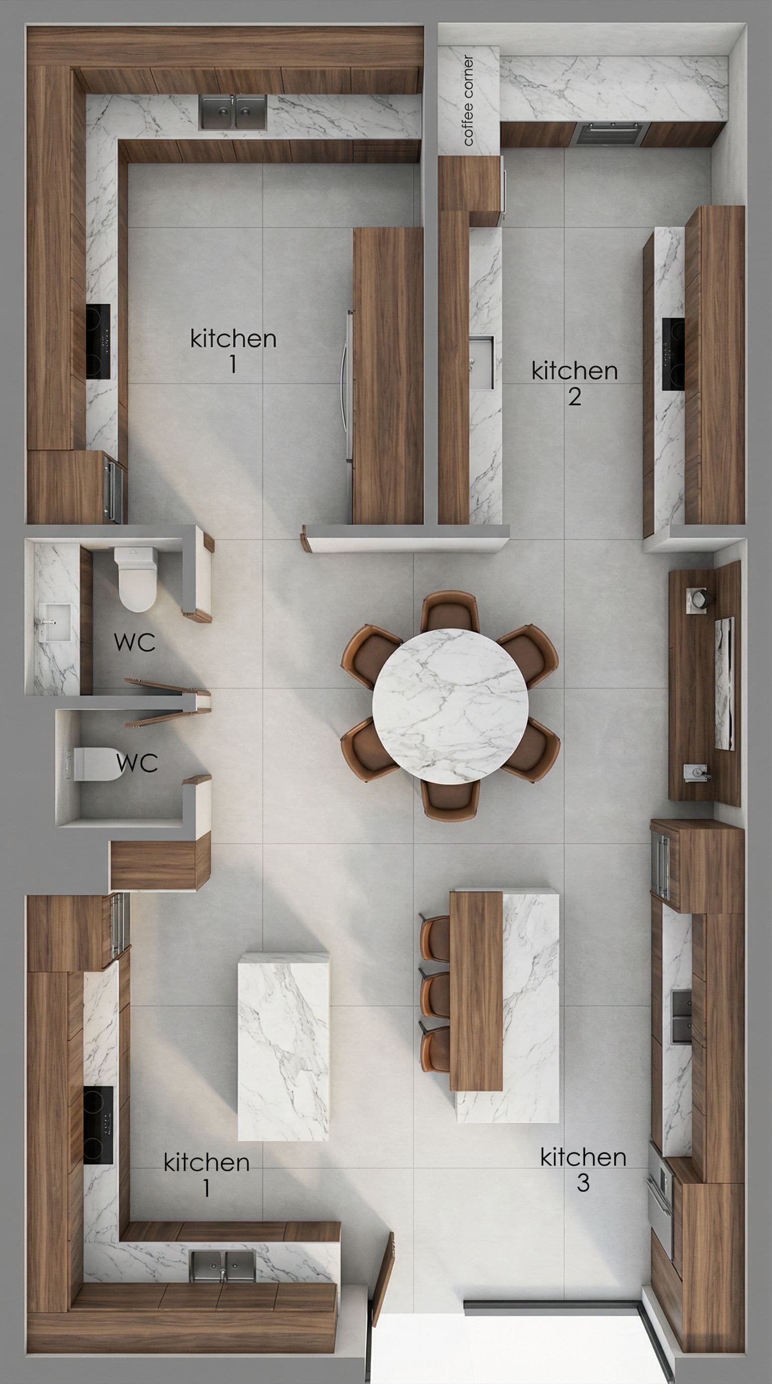 AI generated: Professional architectural floor plan rendering, kitchen showroom layout, top-down view, realistic m...