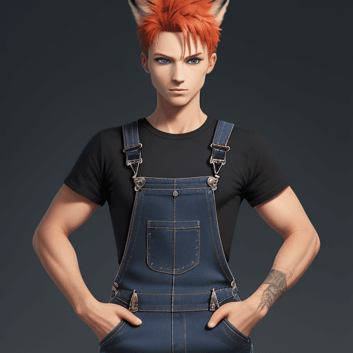 AI generated: Anthro red fox, furry, short hair, spiky hair, skinny, full body, male, cute, blue eyes, black overa...